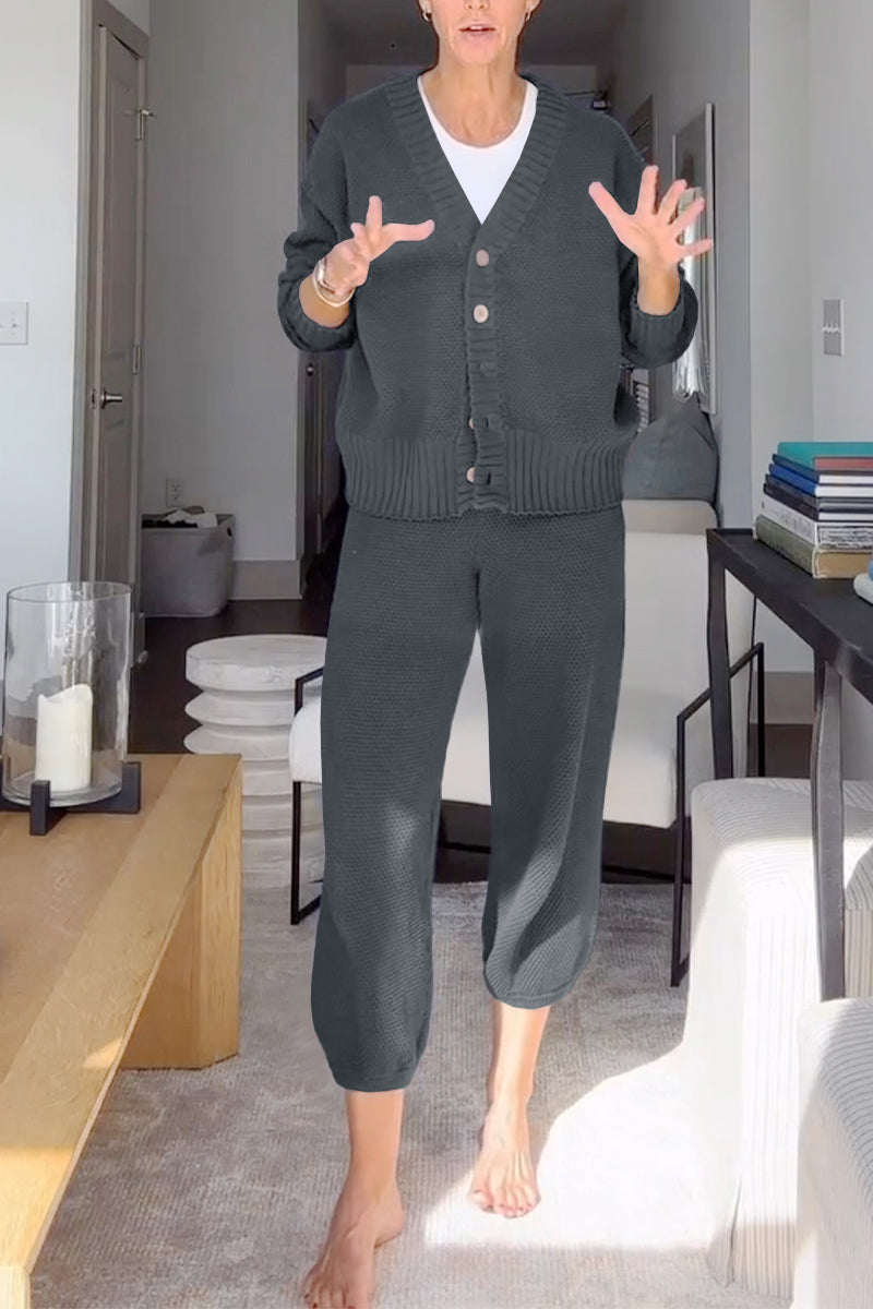 Marielle™ - Women's Casual Two-Piece Set with V-Neck and Waffle Texture