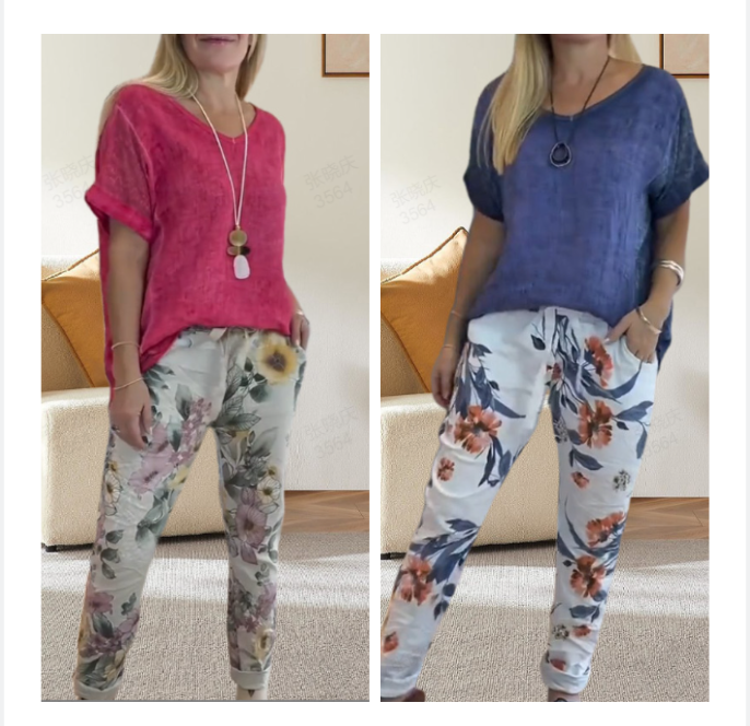 Evangeline™ - Women's 2-Piece Set – Plain Blouse and Casual Floral Print Trousers