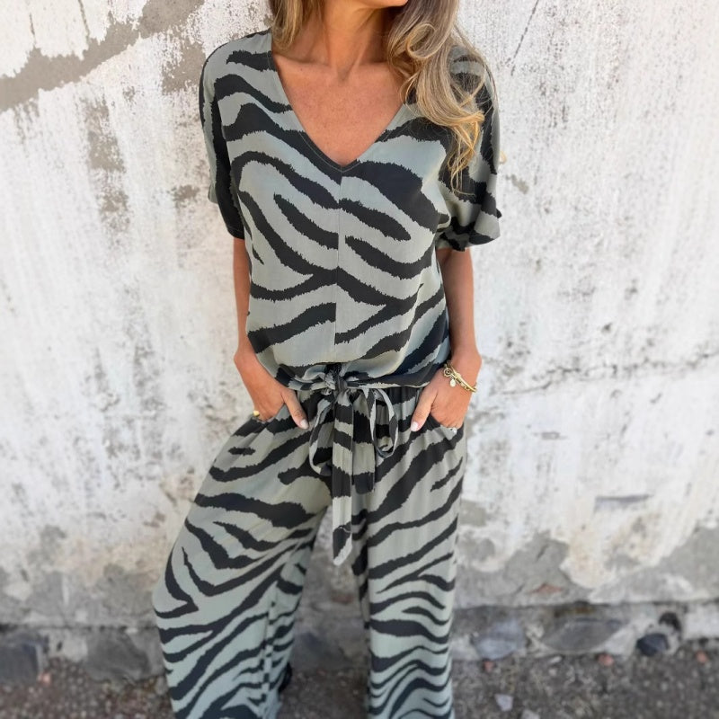 Alina™ - Zebra Print V-Neck Top and Trousers Set