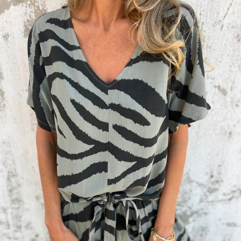 Alina™ - Zebra Print V-Neck Top and Trousers Set