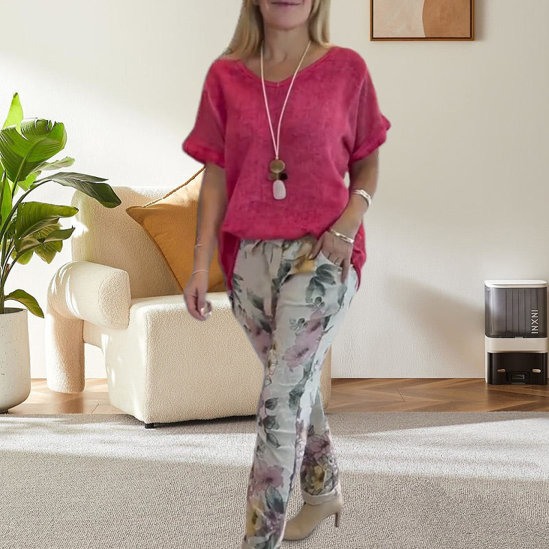 Evangeline™ - Women's 2-Piece Set – Plain Blouse and Casual Floral Print Trousers