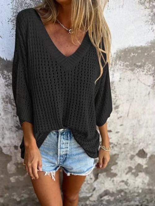 Delia™ - Knitted V-Neck Top with Hollow Pattern