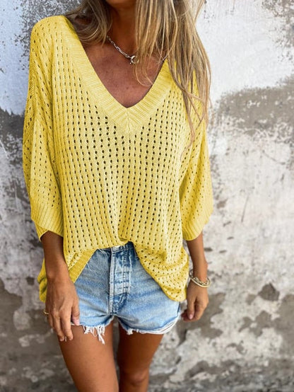 Delia™ - Knitted V-Neck Top with Hollow Pattern