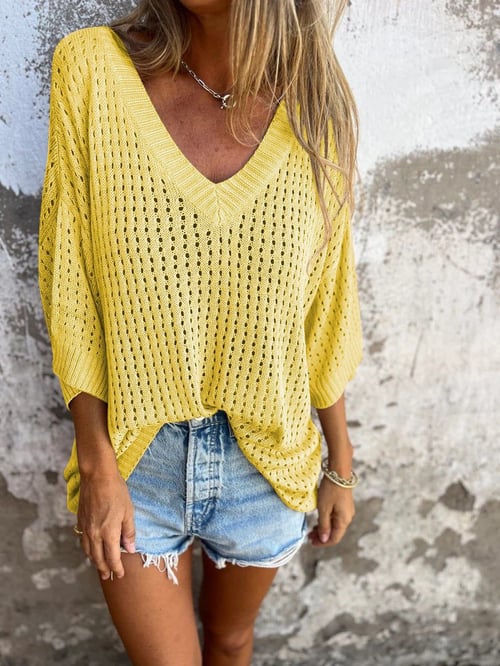 Delia™ - Knitted V-Neck Top with Hollow Pattern
