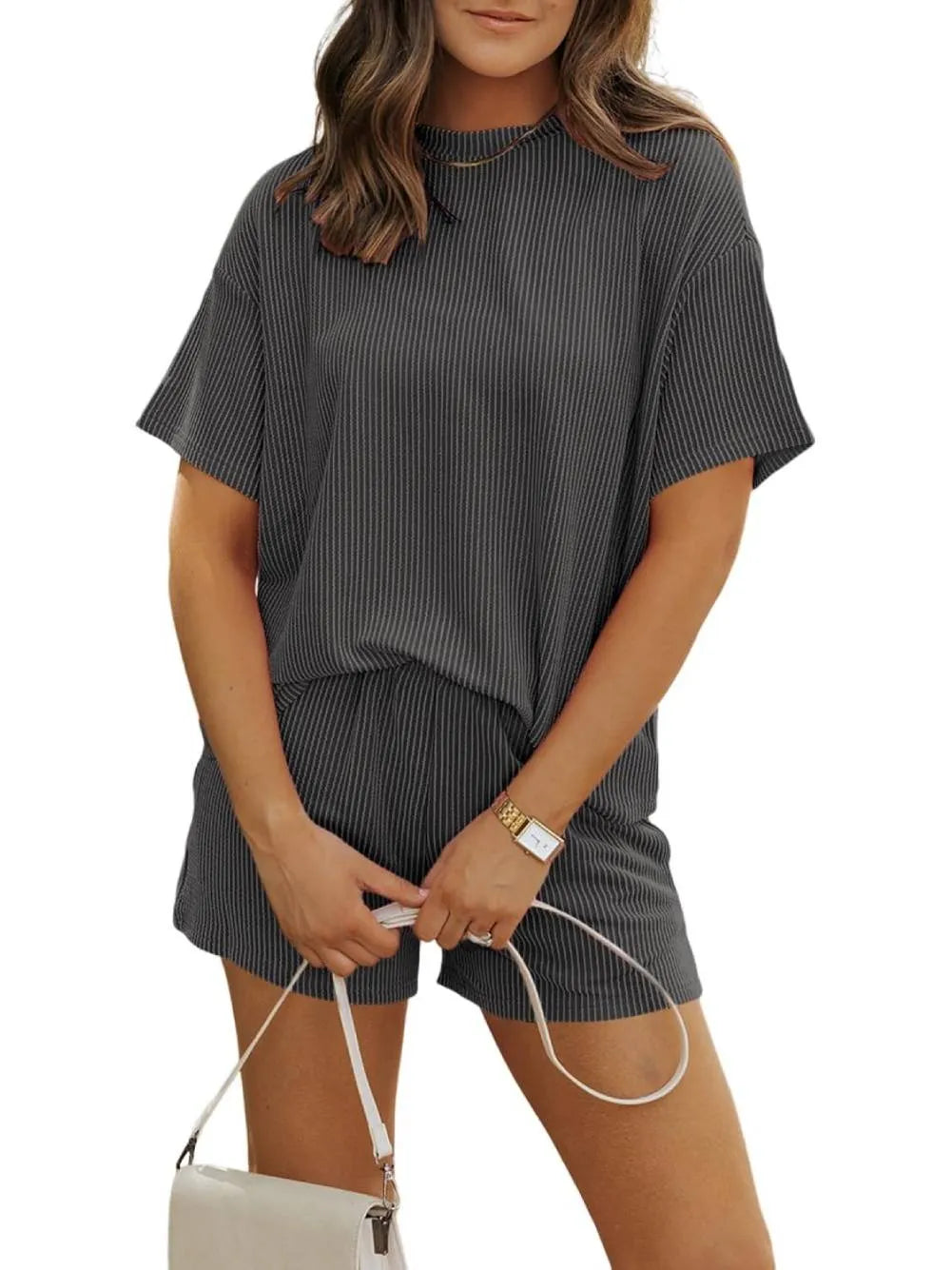 Irina™ - Textured Ribbed Shorts Set with Round Neck