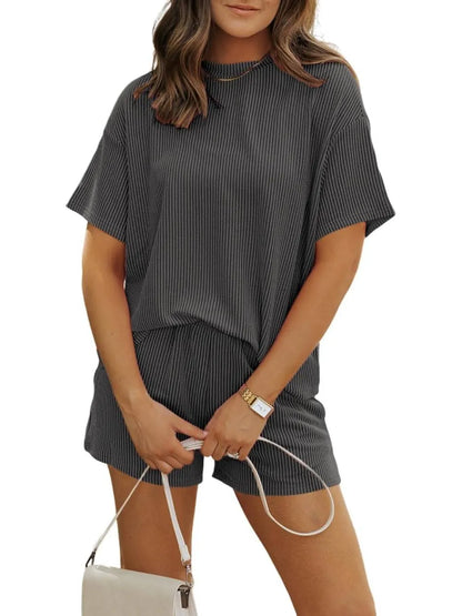 Irina™ - Textured Ribbed Shorts Set with Round Neck
