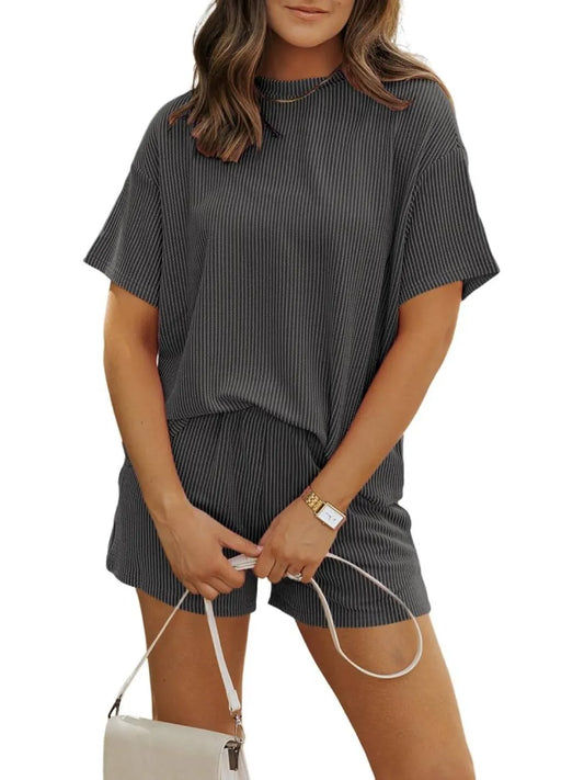 Irina™ - Textured Ribbed Shorts Set with Round Neck