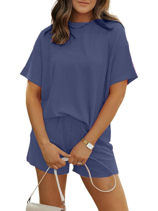 Irina™ - Textured Ribbed Shorts Set with Round Neck