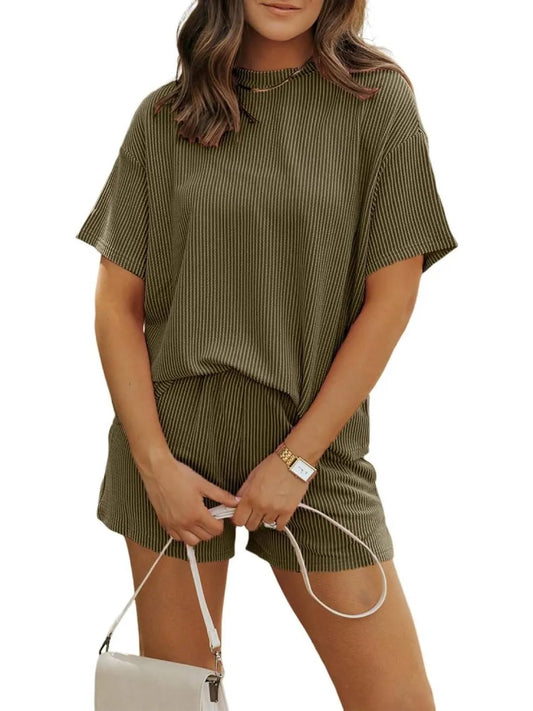 Irina™ - Textured Ribbed Shorts Set with Round Neck
