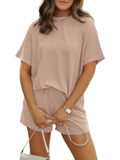 Irina™ - Textured Ribbed Shorts Set with Round Neck