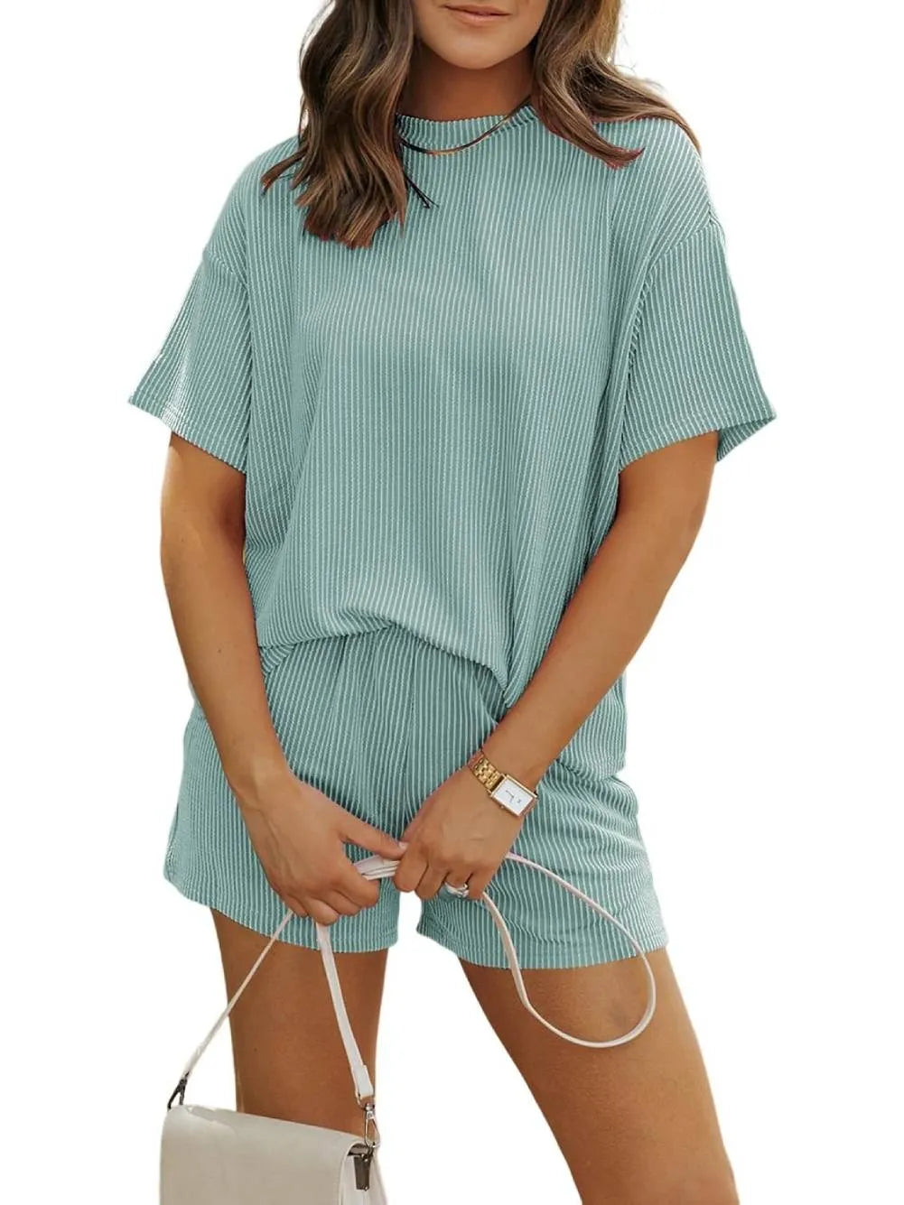 Irina™ - Textured Ribbed Shorts Set with Round Neck