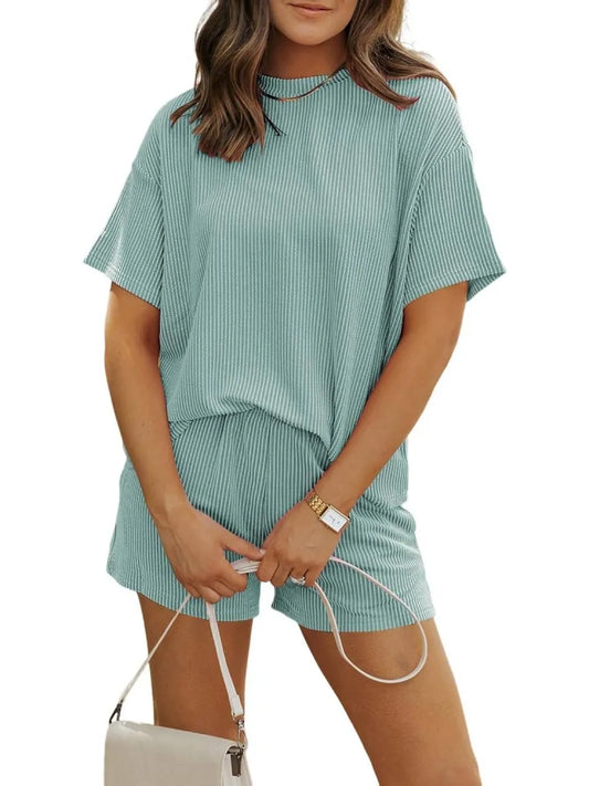 Irina™ - Textured Ribbed Shorts Set with Round Neck