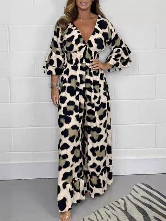 Priscille™ - Leopard Print V-Neck Jumpsuit