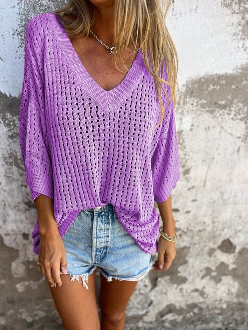 Delia™ - Knitted V-Neck Top with Hollow Pattern