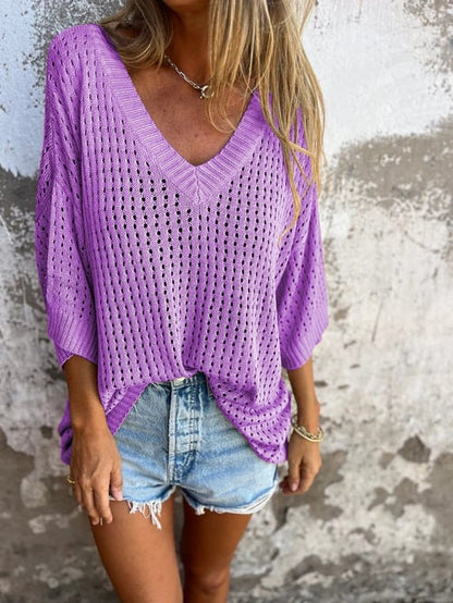 Delia™ - Knitted V-Neck Top with Hollow Pattern