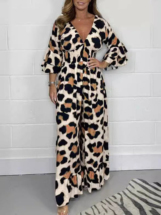 Priscille™ - Leopard Print V-Neck Jumpsuit