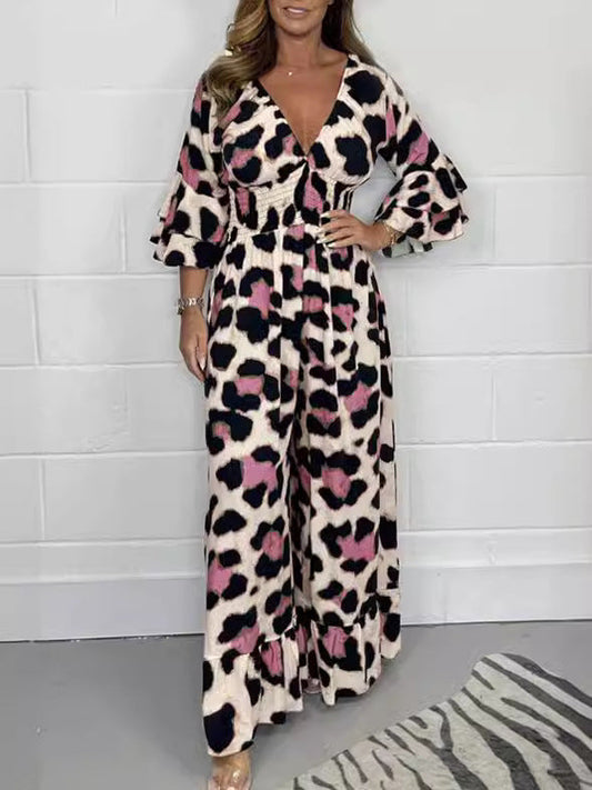 Priscille™ - Leopard Print V-Neck Jumpsuit