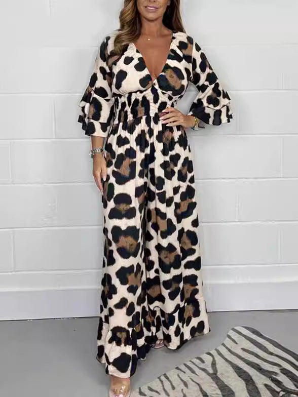 Priscille™ - Leopard Print V-Neck Jumpsuit