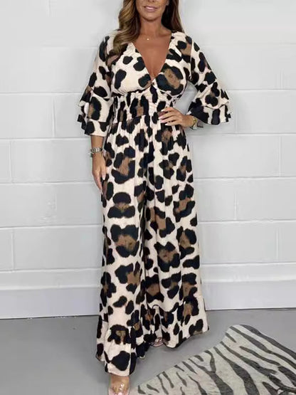 Priscille™ - Leopard Print V-Neck Jumpsuit