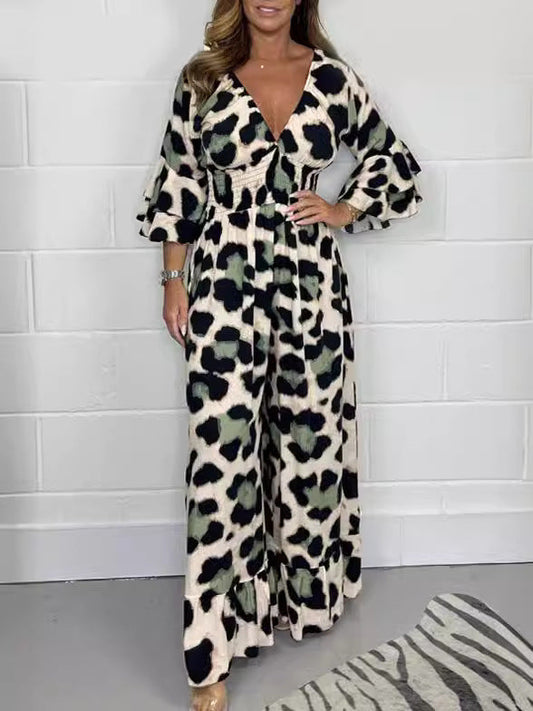 Priscille™ - Leopard Print V-Neck Jumpsuit