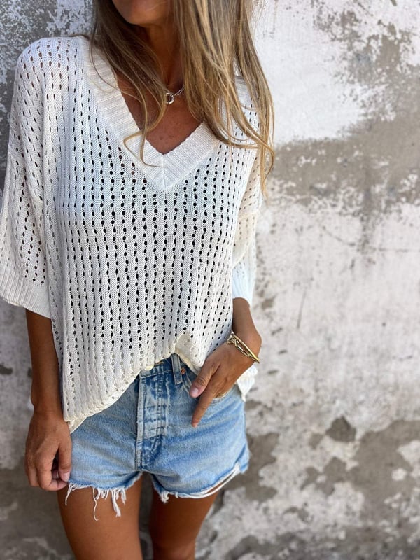 Delia™ - Knitted V-Neck Top with Hollow Pattern