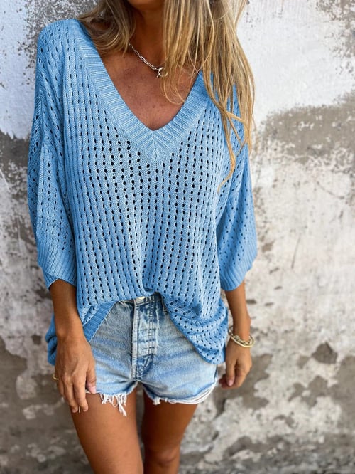 Delia™ - Knitted V-Neck Top with Hollow Pattern