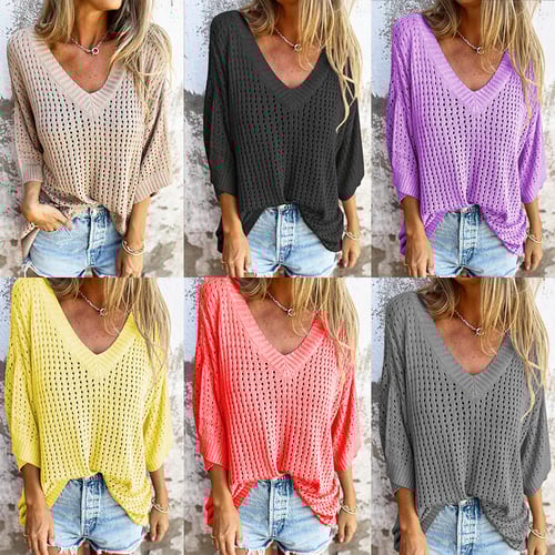 Delia™ - Knitted V-Neck Top with Hollow Pattern