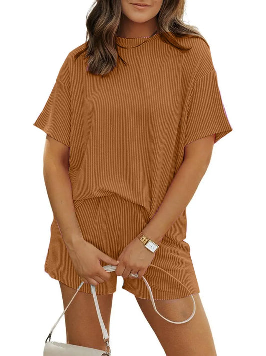 Irina™ - Textured Ribbed Shorts Set with Round Neck