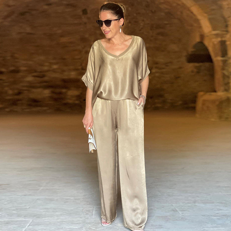 Laurie™ - Elegant Plus Size Two-Piece Shiny Ensemble with V-Neck