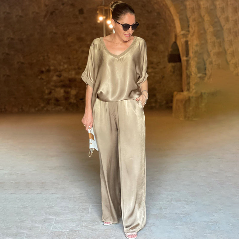 Laurie™ - Elegant Plus Size Two-Piece Shiny Ensemble with V-Neck