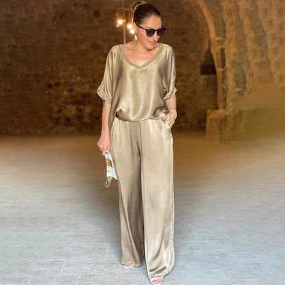 Laurie™ - Elegant Plus Size Two-Piece Shiny Ensemble with V-Neck