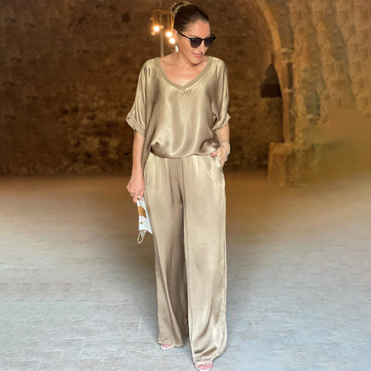 Laurie™ - Elegant Plus Size Two-Piece Shiny Ensemble with V-Neck