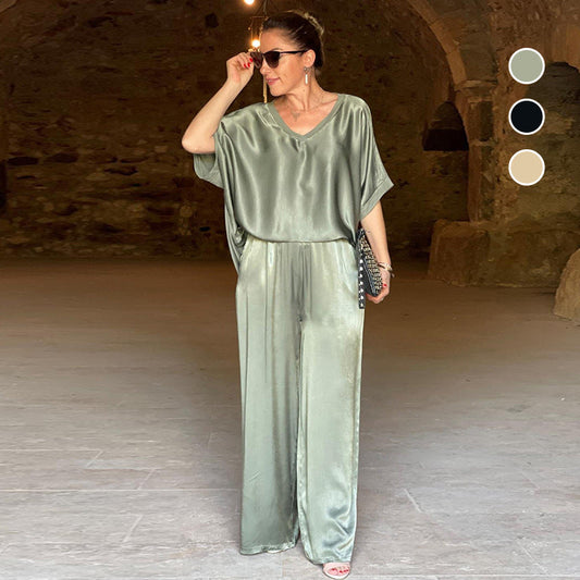 Laurie™ - Elegant Plus Size Two-Piece Shiny Ensemble with V-Neck