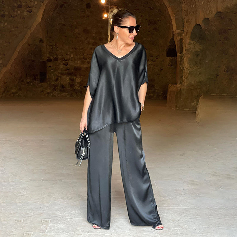 Laurie™ - Elegant Plus Size Two-Piece Shiny Ensemble with V-Neck
