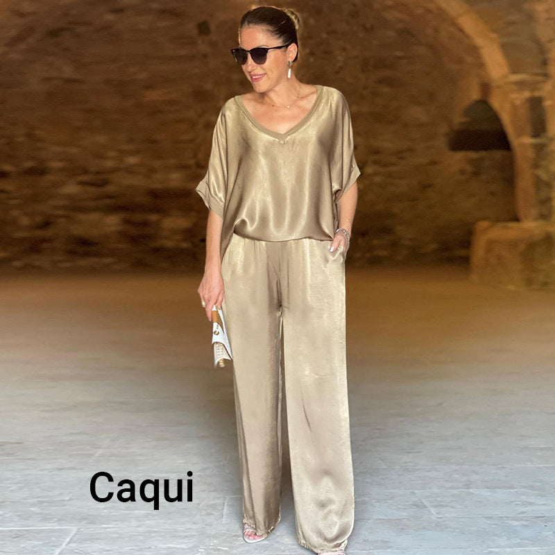Laurie™ - Elegant Plus Size Two-Piece Shiny Ensemble with V-Neck