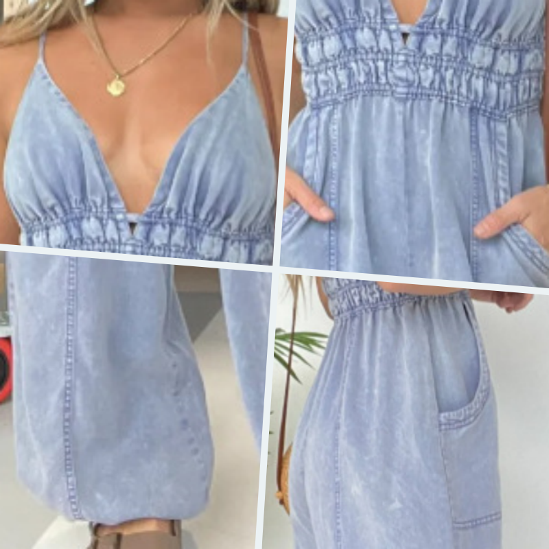 Anja™ - Women's Denim Dungarees with V-Neck