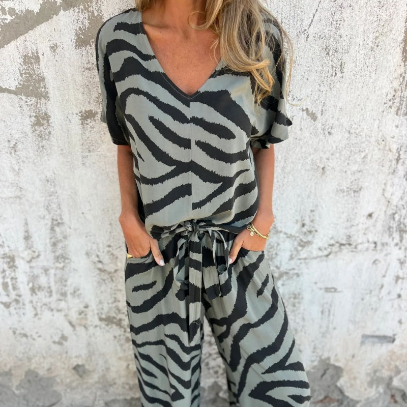 Alina™ - Zebra Print V-Neck Top and Trousers Set