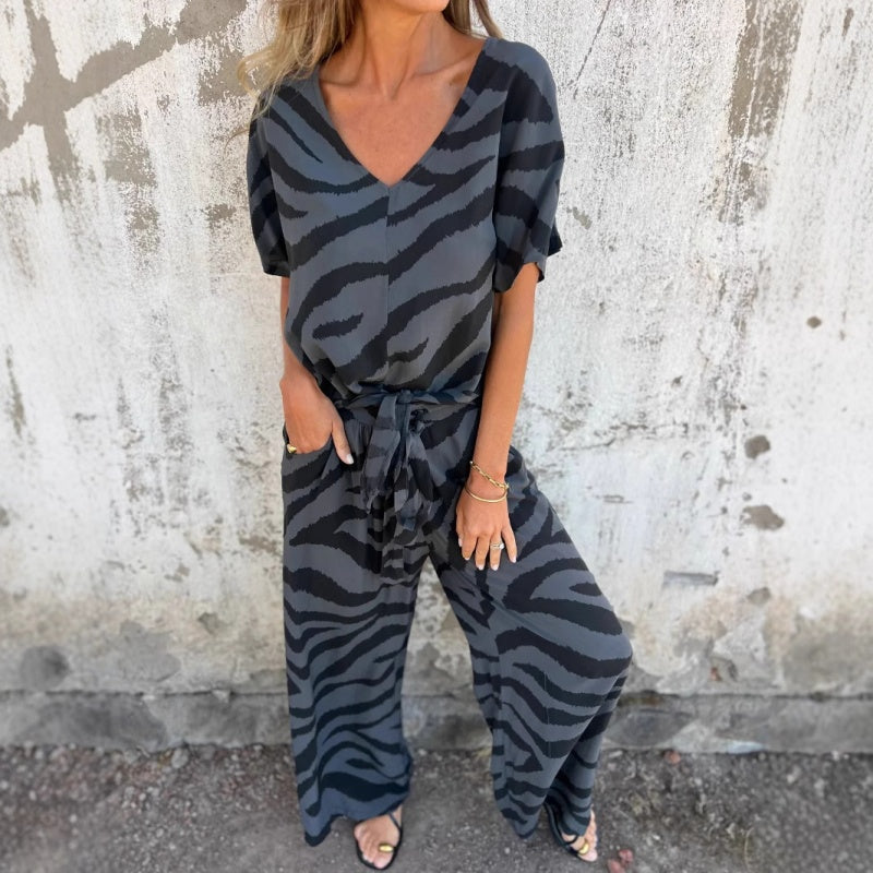 Alina™ - Zebra Print V-Neck Top and Trousers Set