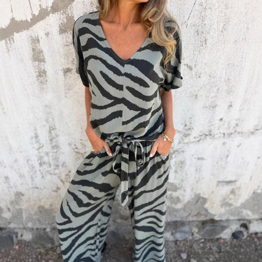 Alina™ - Zebra Print V-Neck Top and Trousers Set