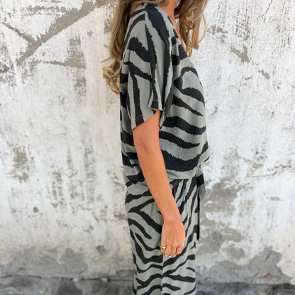 Alina™ - Zebra Print V-Neck Top and Trousers Set