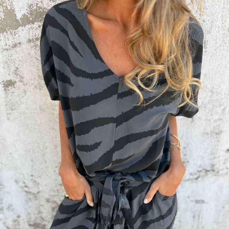 Alina™ - Zebra Print V-Neck Top and Trousers Set