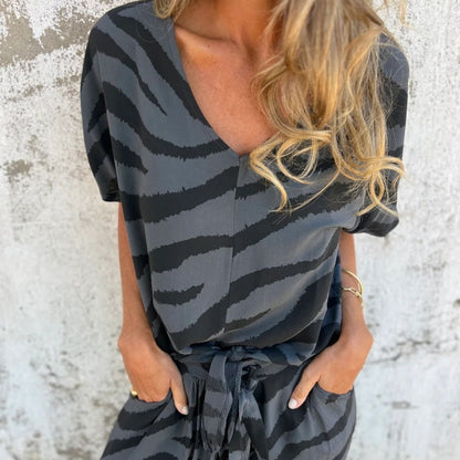Alina™ - Zebra Print V-Neck Top and Trousers Set