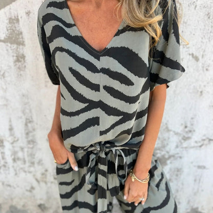 Alina™ - Zebra Print V-Neck Top and Trousers Set