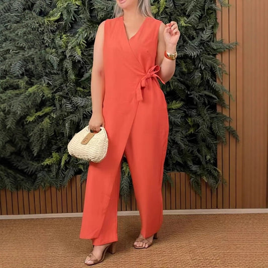 Mirabelle™ - Women's Plain V-Neck Casual Jumpsuit with Tie Belt