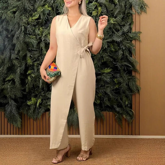 Mirabelle™ - Women's Plain V-Neck Casual Jumpsuit with Tie Belt
