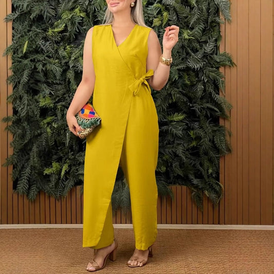 Mirabelle™ - Women's Plain V-Neck Casual Jumpsuit with Tie Belt
