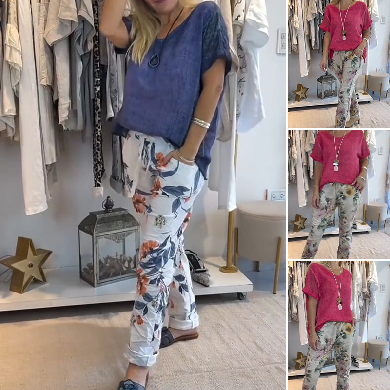 Evangeline™ - Women's 2-Piece Set – Plain Blouse and Casual Floral Print Trousers