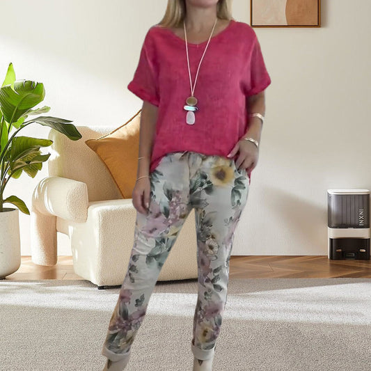 Evangeline™ - Women's 2-Piece Set – Plain Blouse and Casual Floral Print Trousers