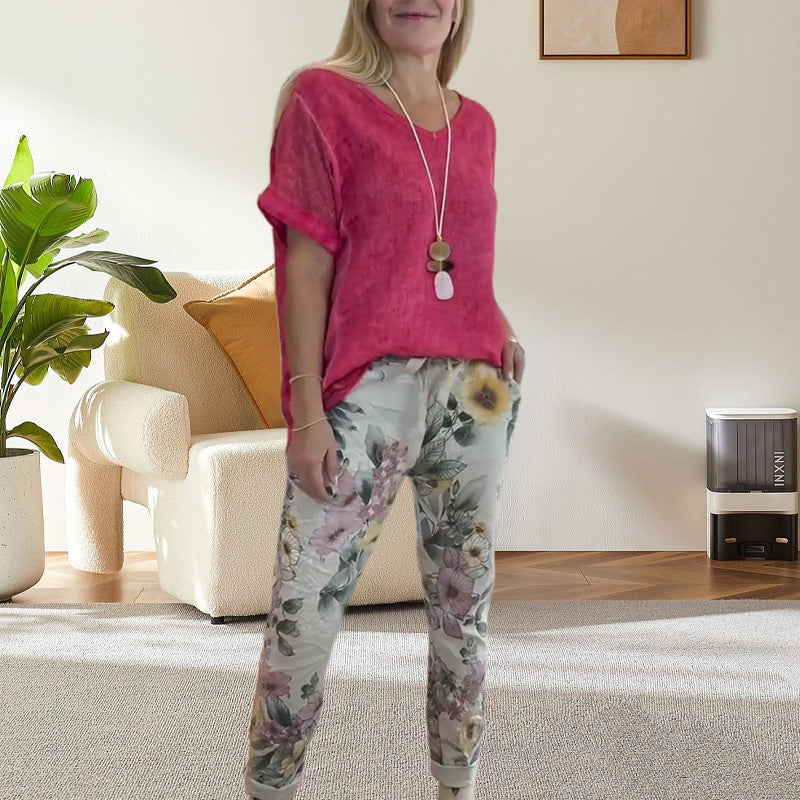 Evangeline™ - Women's 2-Piece Set – Plain Blouse and Casual Floral Print Trousers