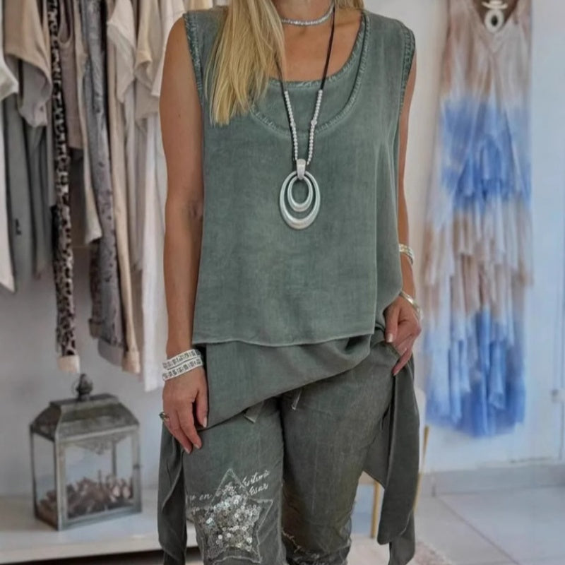 Oriane™ - Women's Two-Piece Set: Sleeveless Top and Printed Trousers